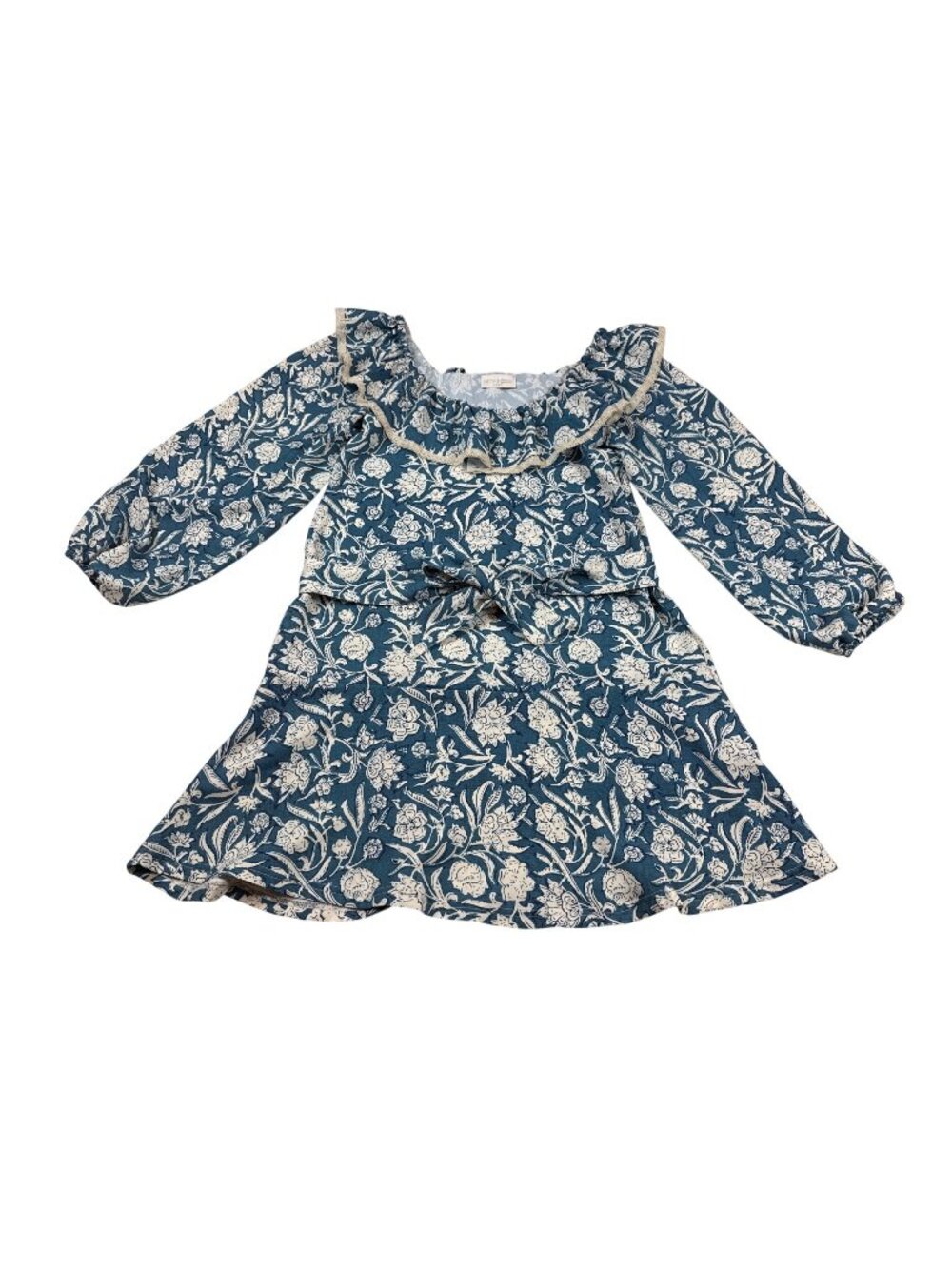 Smith & Quinn Small Teal Floral Long-Sleeve Dress Ruffle Neck Lace Trim (P1091)